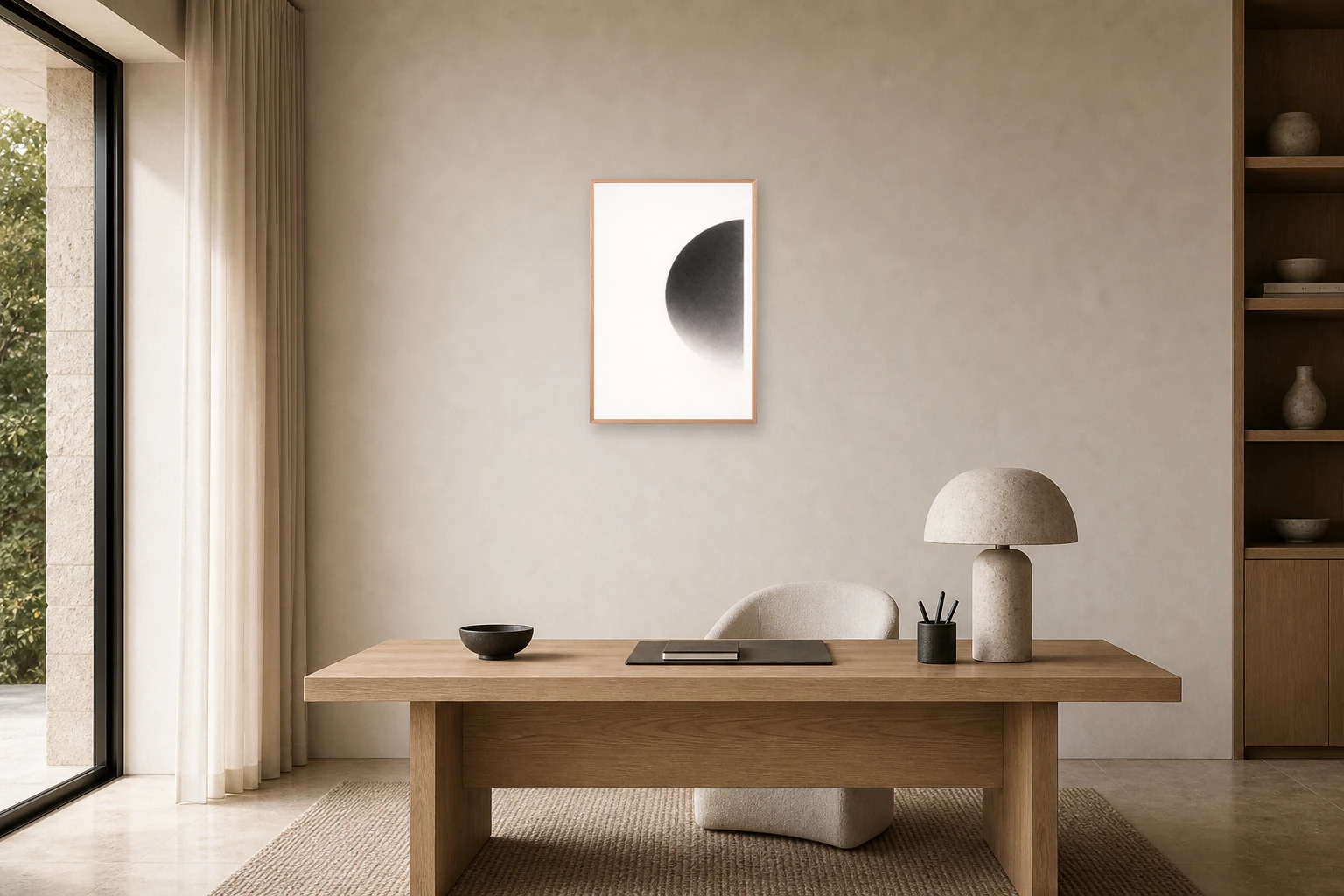 Form No. 5 at A1 scale in Tasmanian oak, hung above an oak desk in a refined home office