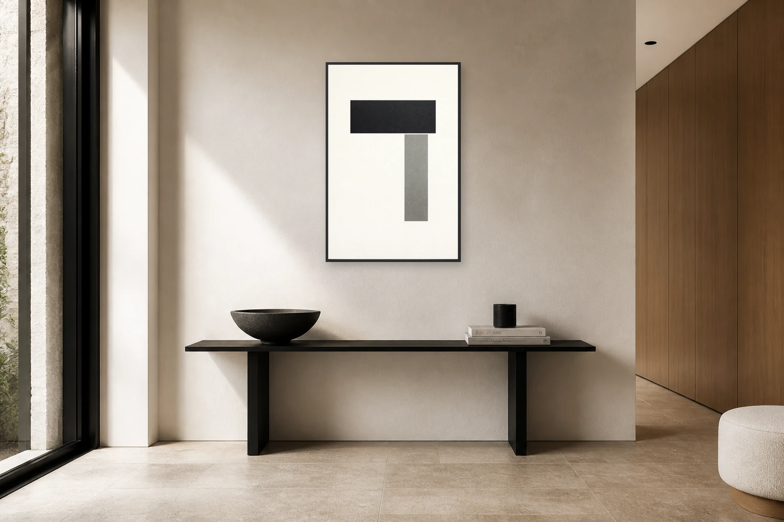 Tension No. 1 shown as A0 in Matte Black, styled in a Minimal limestone entry