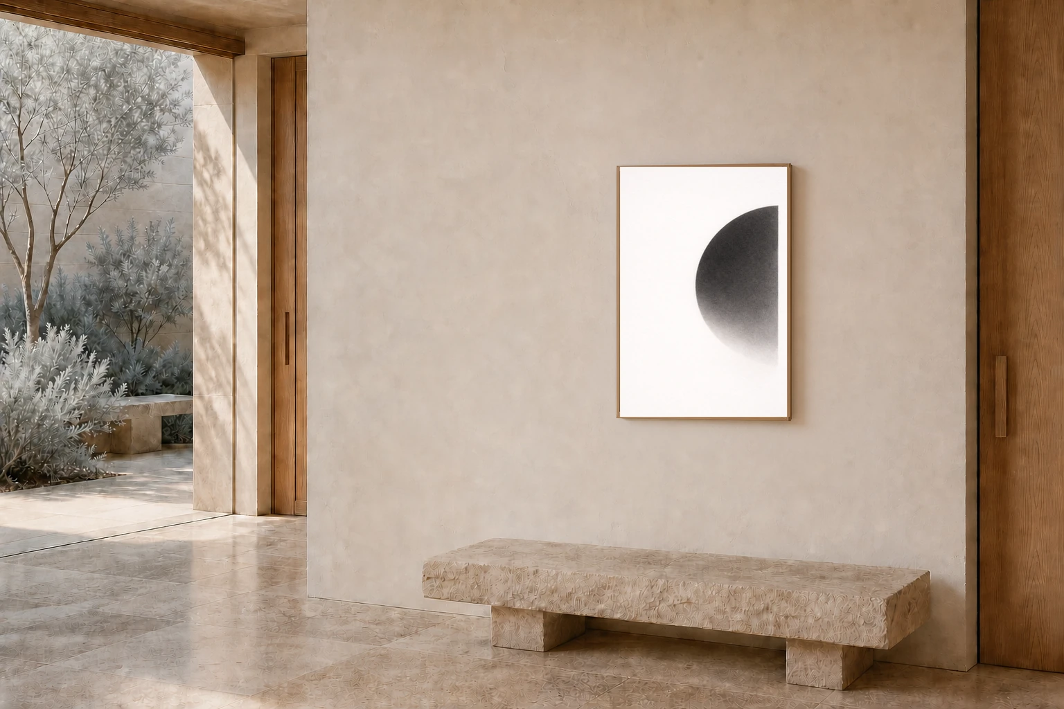 Form No. 5 at A0 scale in a 20mm Tasmanian oak frame in a warm courtyard gallery hall