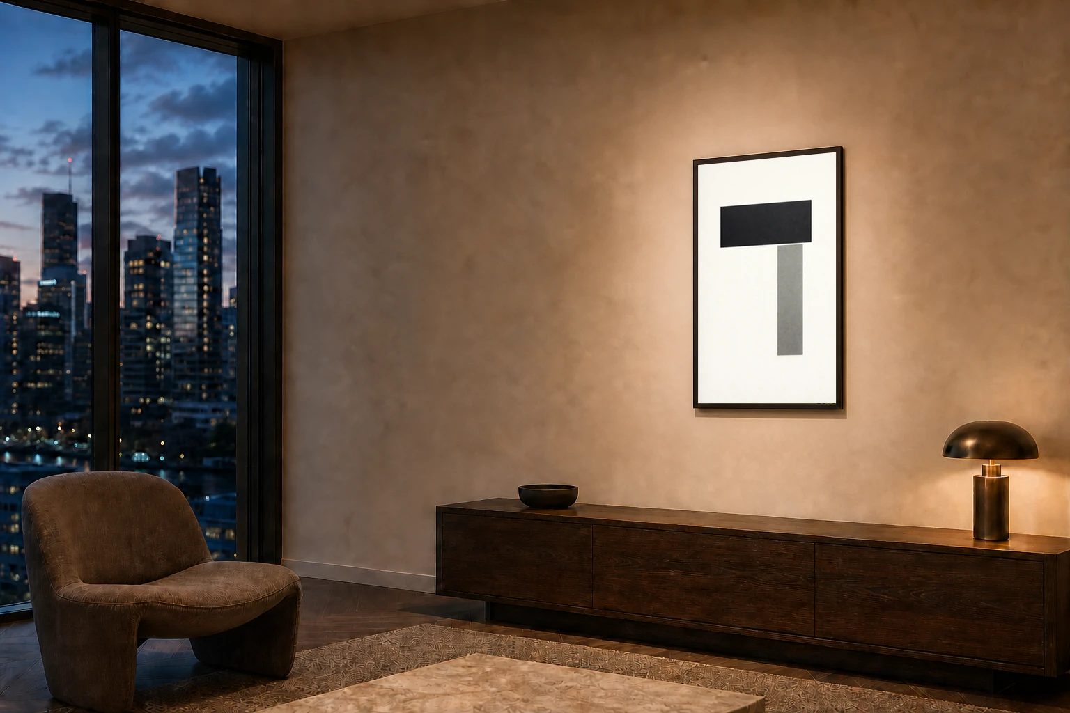 Tension No. 1 at A0 scale in a 20mm matte-black frame in a refined city apartment at dusk